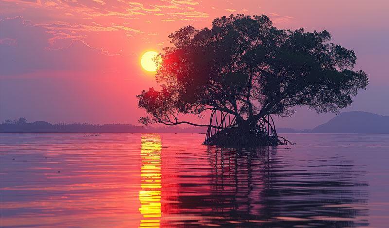 the sunset over water reflects as the lowercase letter i